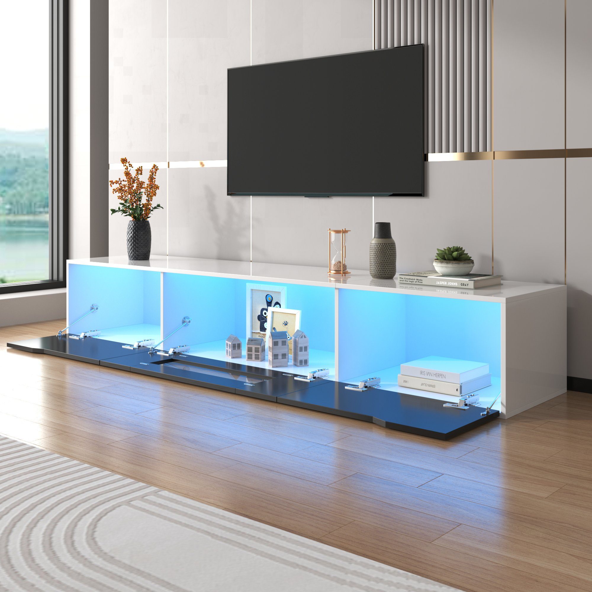 Merax Lowboard mit LED und Klapptüren, freistehend/hängend, TV-Schrank hochglanz,TV-Board Scandi,Breite:180cm