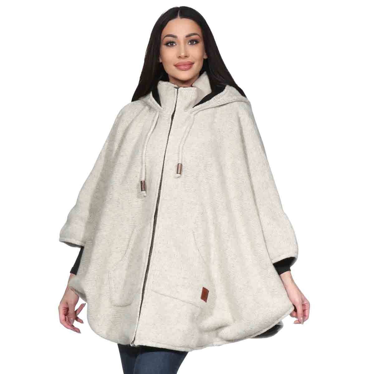 KUNST UND MAGIE Strickcape Damen Strickponcho Cape Mantel Wolle mit Zipfelkapuze & Fleecefutter