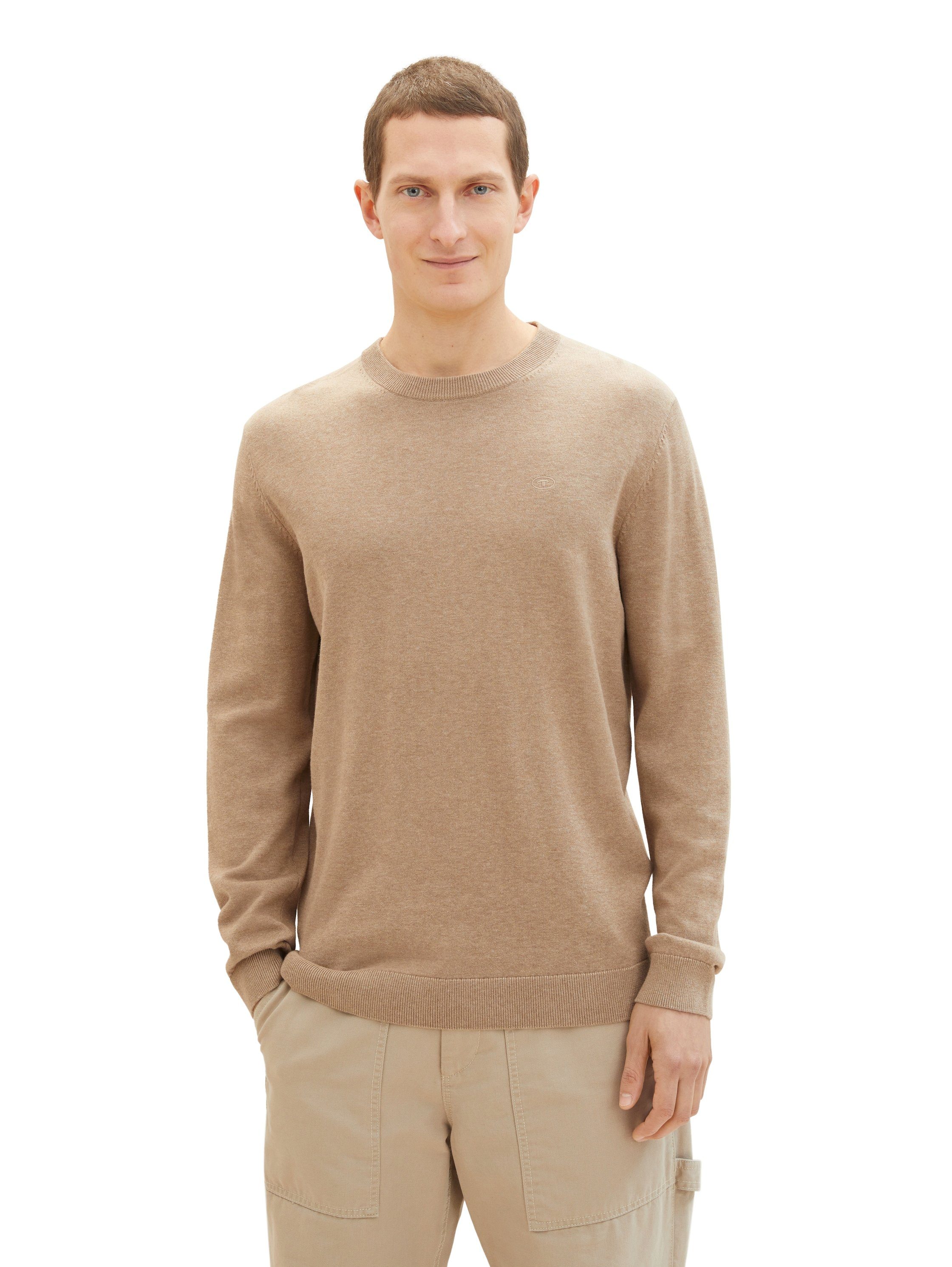 TOM TAILOR Rundhalspullover mit Logostickerei beige meliert