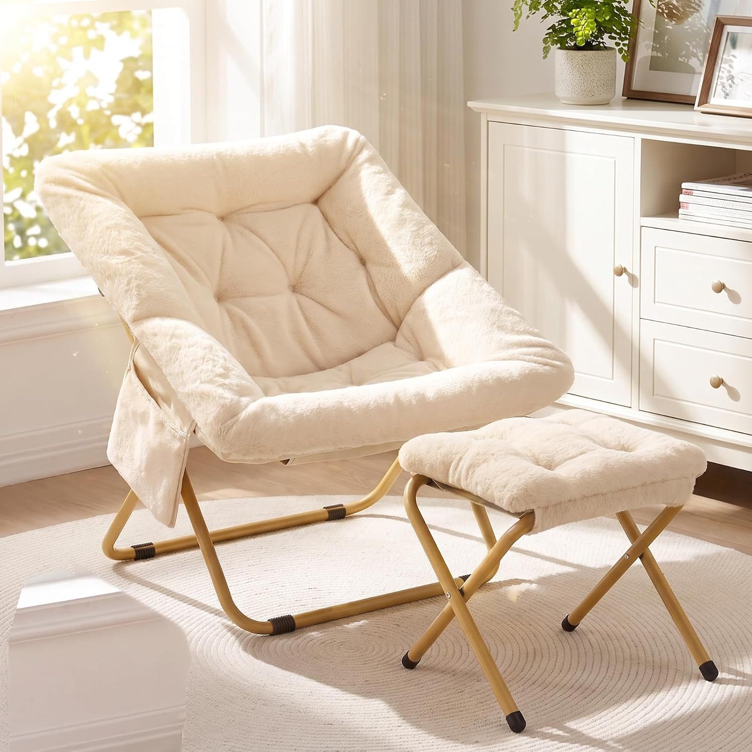 TLGREEN Relaxsessel,klappbarer Lounge-Sessel mit Hocker, (Weicher Kunstfell-Lesesessel, Relaxsessel mit Hocker),Ideal für Wohnzimmer, Schlafzimmer & Spielzimmer