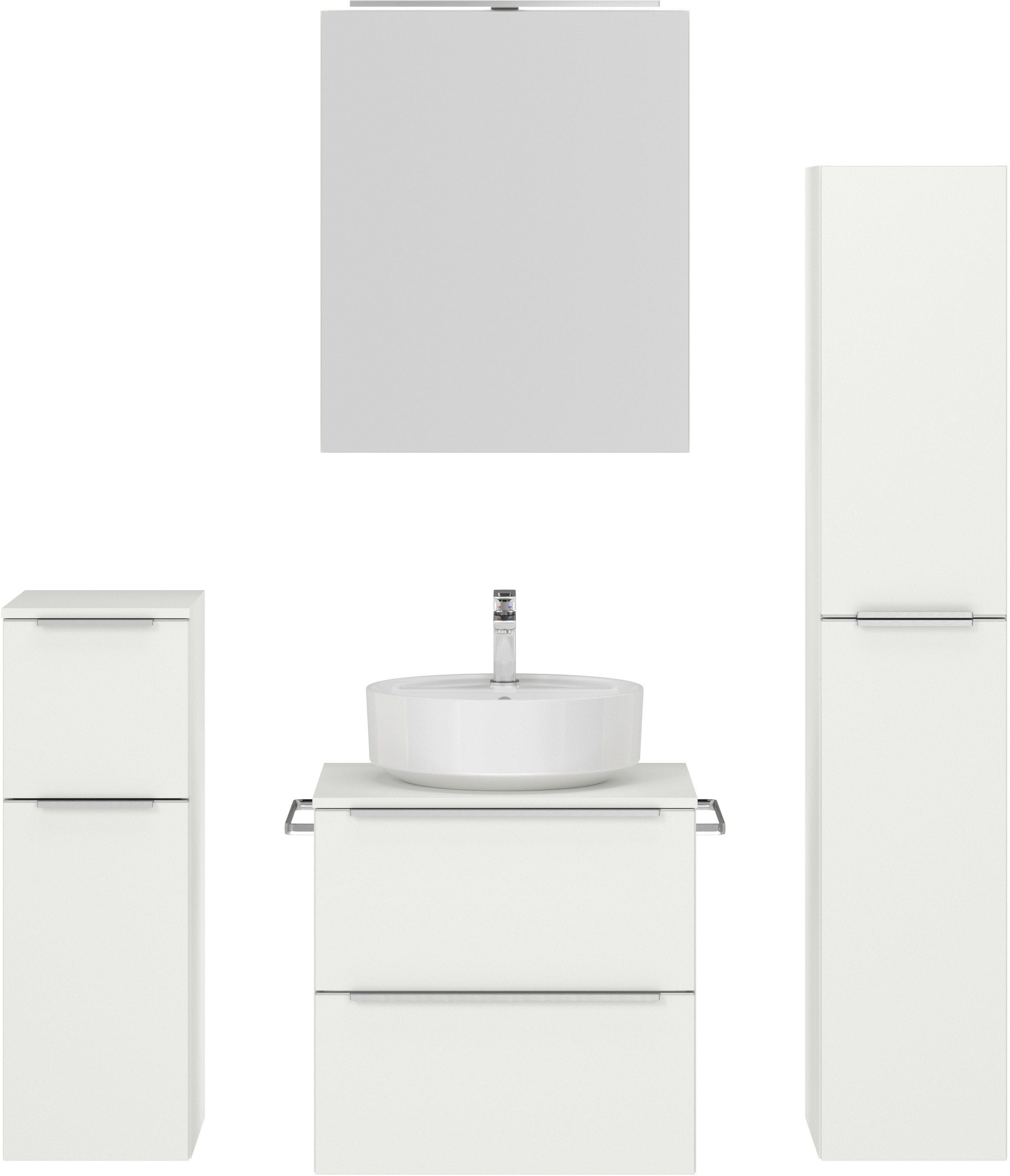 nobilia® Badmöbel-Set Alvene, (4-St., vormontiert, mit Soft-Close), inkl. Spiegelschrank mit Beleuchtung und Dimmerfunktion, in 4 Breiten