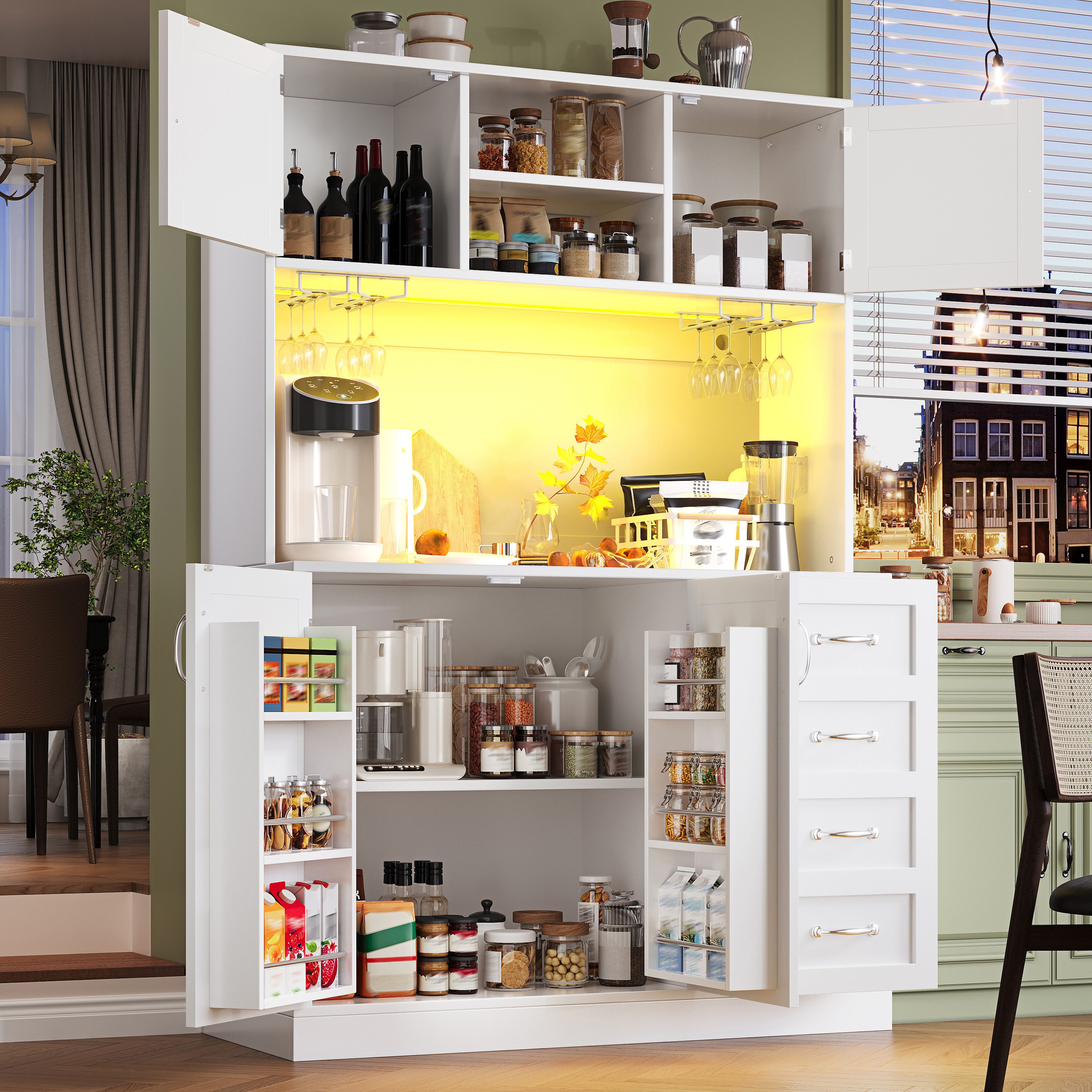 Flieks Küchenbuffet mit LED-Beleuchtung, Gläserhalter, Schubladen und Türablagen (1-St., B120/T40/H188 cm) Hochschrank Küchenschrank Geschirrschrank mit Arbeitsplatte Weiß
