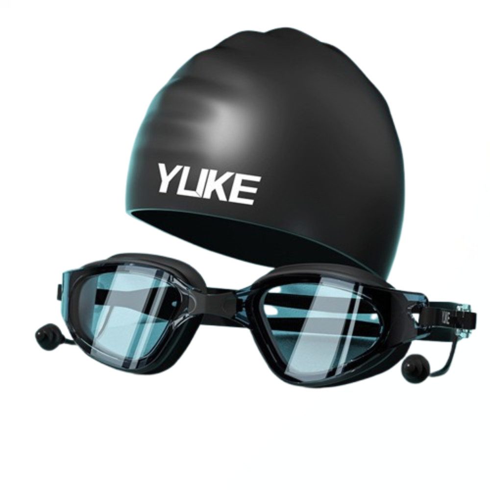 Blusmart Schwimmbrille Universelles Schwimmbrillen- und Badekappen-Set für Damen und Herren, (HD-Antibeschlag und wasserdichter großer Rahmen, Schwimmbrille und integrierte Ohrstöpsel), Set bestehend aus Schwimmbrille + Silikon + Aufbewahrungsbox