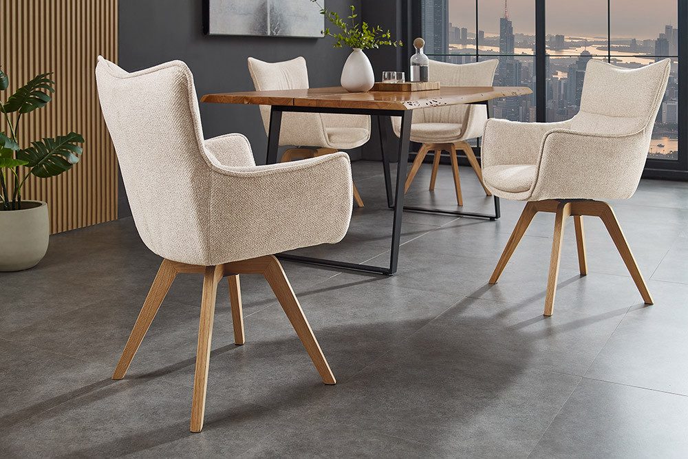 riess-ambiente Drehstuhl VOGUE beige/natur- Strukturstoff, Eichenholz, 360° drehbar, Armlehnen (Einzelartikel, 1 St), moderner Polsterstuhl - ideal für Ess-, Arbeits-, Wohnzimmer & Büro
