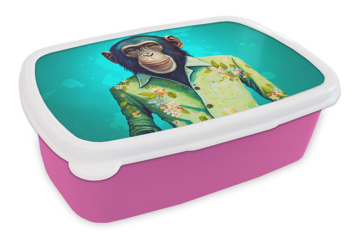 MuchoWow Lunchbox Affe - Bluse - Blumen - Grün - Porträt, Kunststoff, (2-tlg), Brotbox für Erwachsene, Brotdose Kinder, Snackbox, Mädchen, Kunststoff rosa