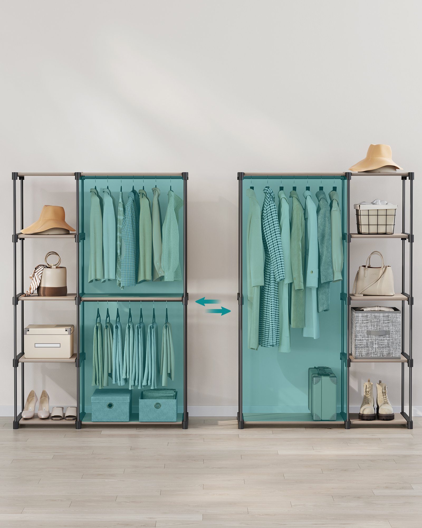 SONGMICS Kleiderständer Kleiderschrank offen, 2 Hängefächer, Kleiderstange, Garderobe