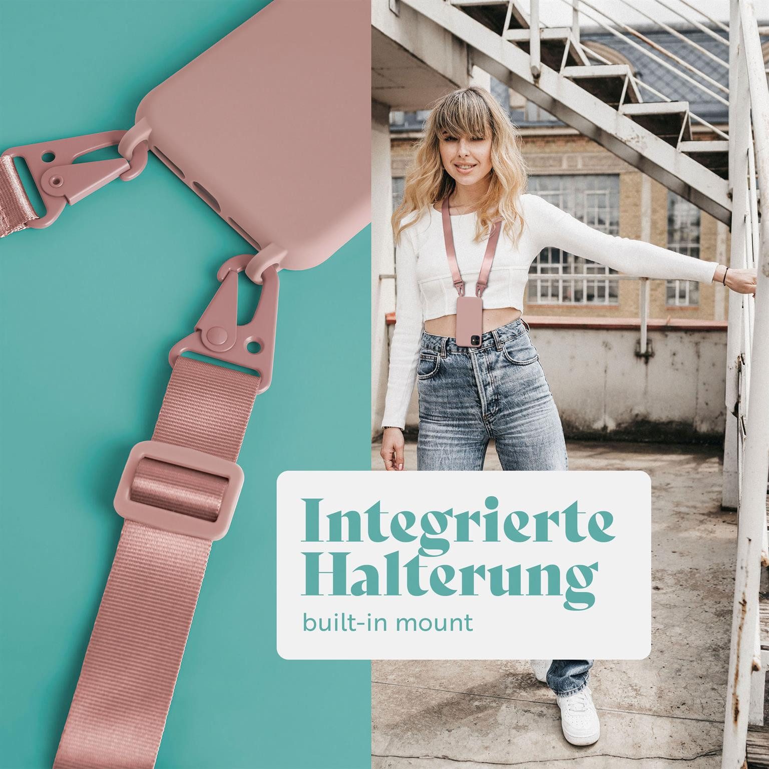 moex Handykette für iPhone 11 Case zum Umhängen HoverCover Rosa 6,1 Zoll, Handyhülle mit Band Hülle Kette Breit Handyband abnehmbar Umhängehülle