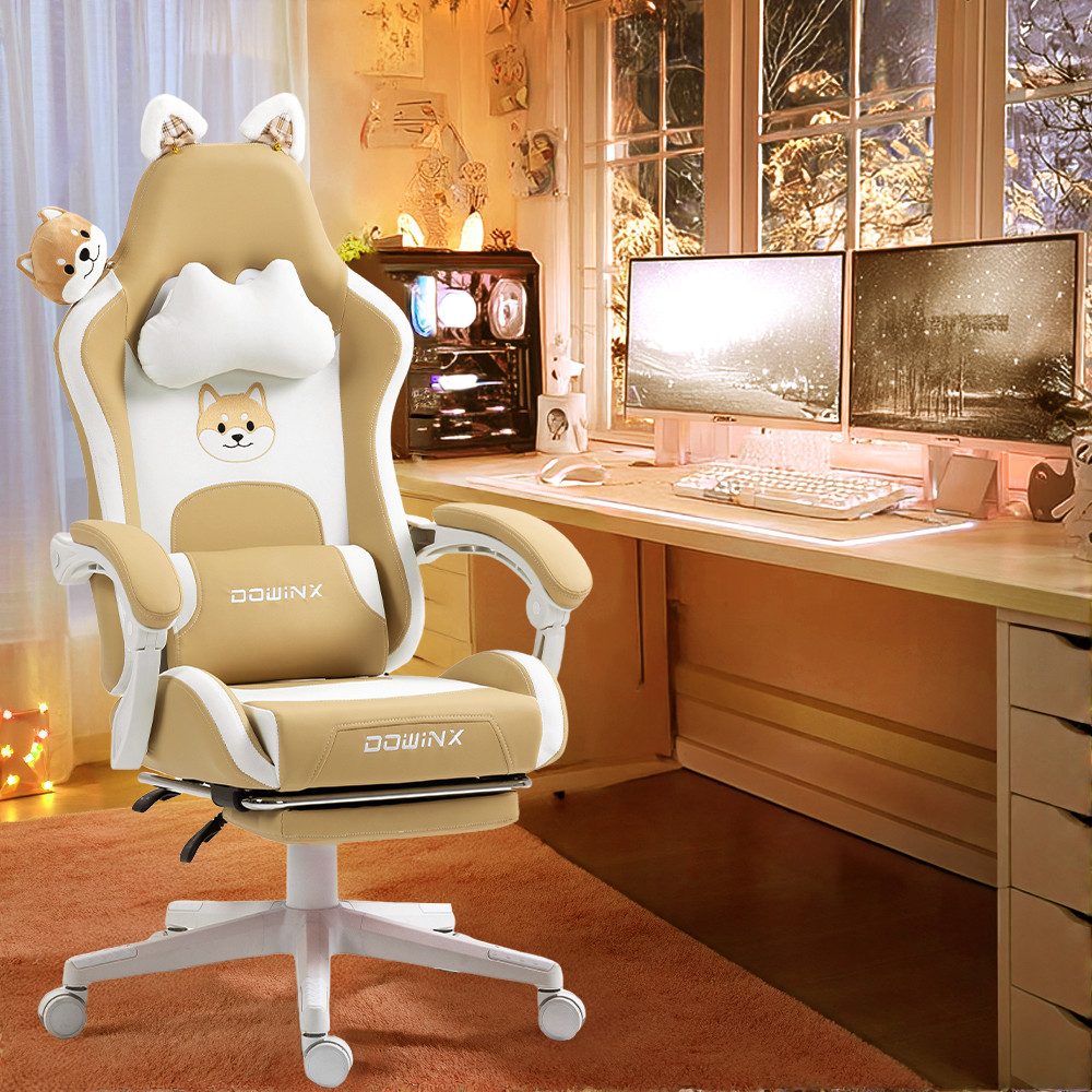 Dowinx Gaming-Stuhl Süße Katze Edition mit Katzenohren und Plüschtier (Packung), Ergonomischer Stuhl mit Hoher Rückenlehne und Lendenwirbelstütze