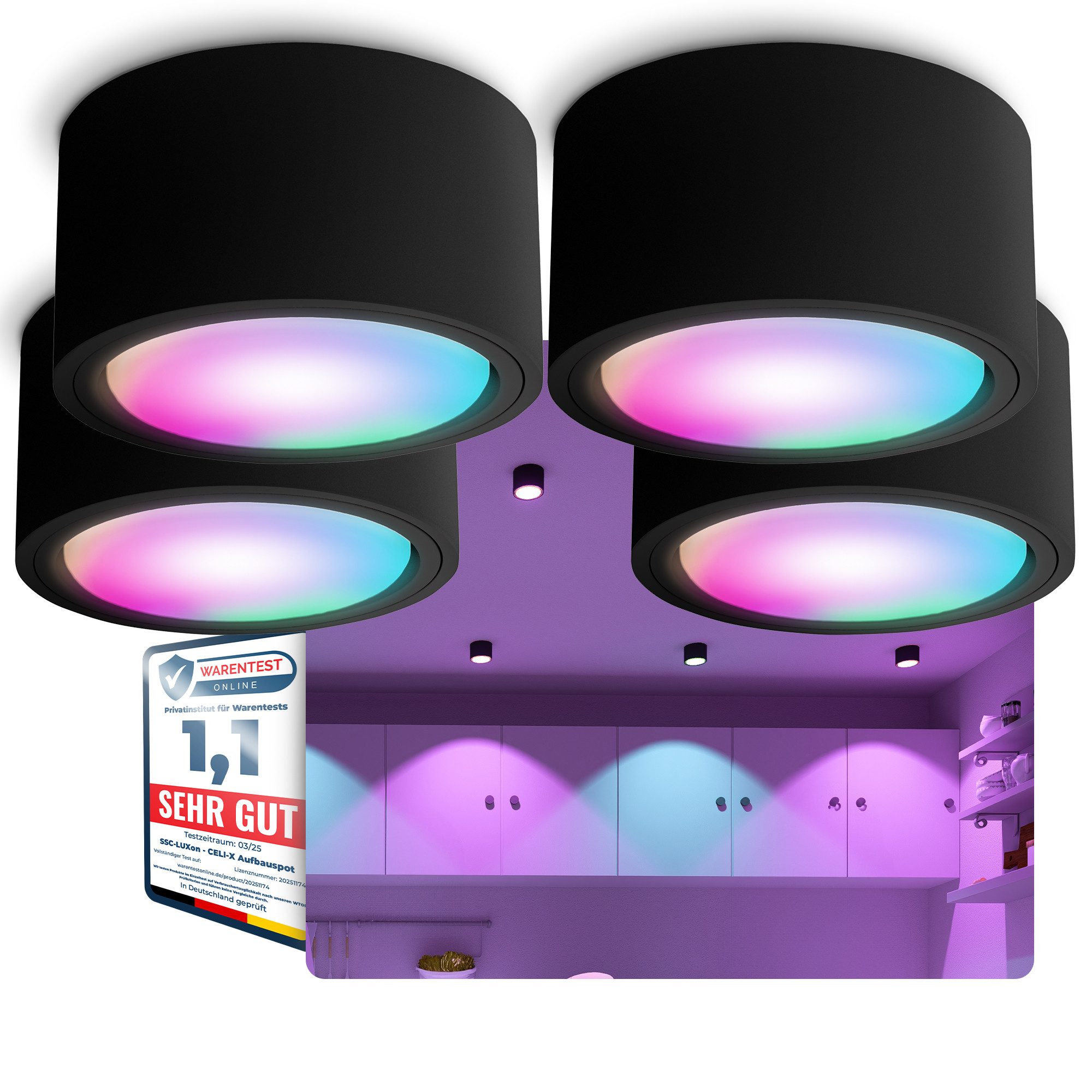 SSC-LUXon LED Aufbaustrahler CELI-X flacher Aufbauleuchte in schwarz rund mit Smart WLAN RGB LED, RGB & Weißtöne