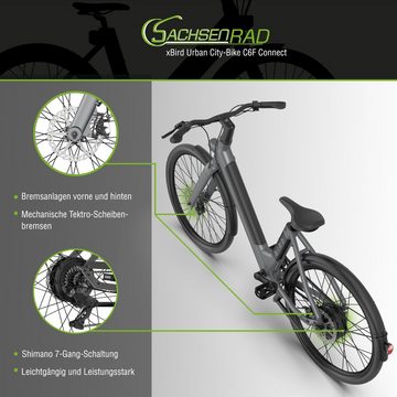 SachsenRAD E-Bike Damen E-Bike 26 Zoll xBird Urban City Bike C6F Connect Grau, 7 Gang Shimano, Kettenschaltung, Hinterradnabenmotor, (1 Stück), Diebstahlschutz per App 120 Dezibel lauter Alarm