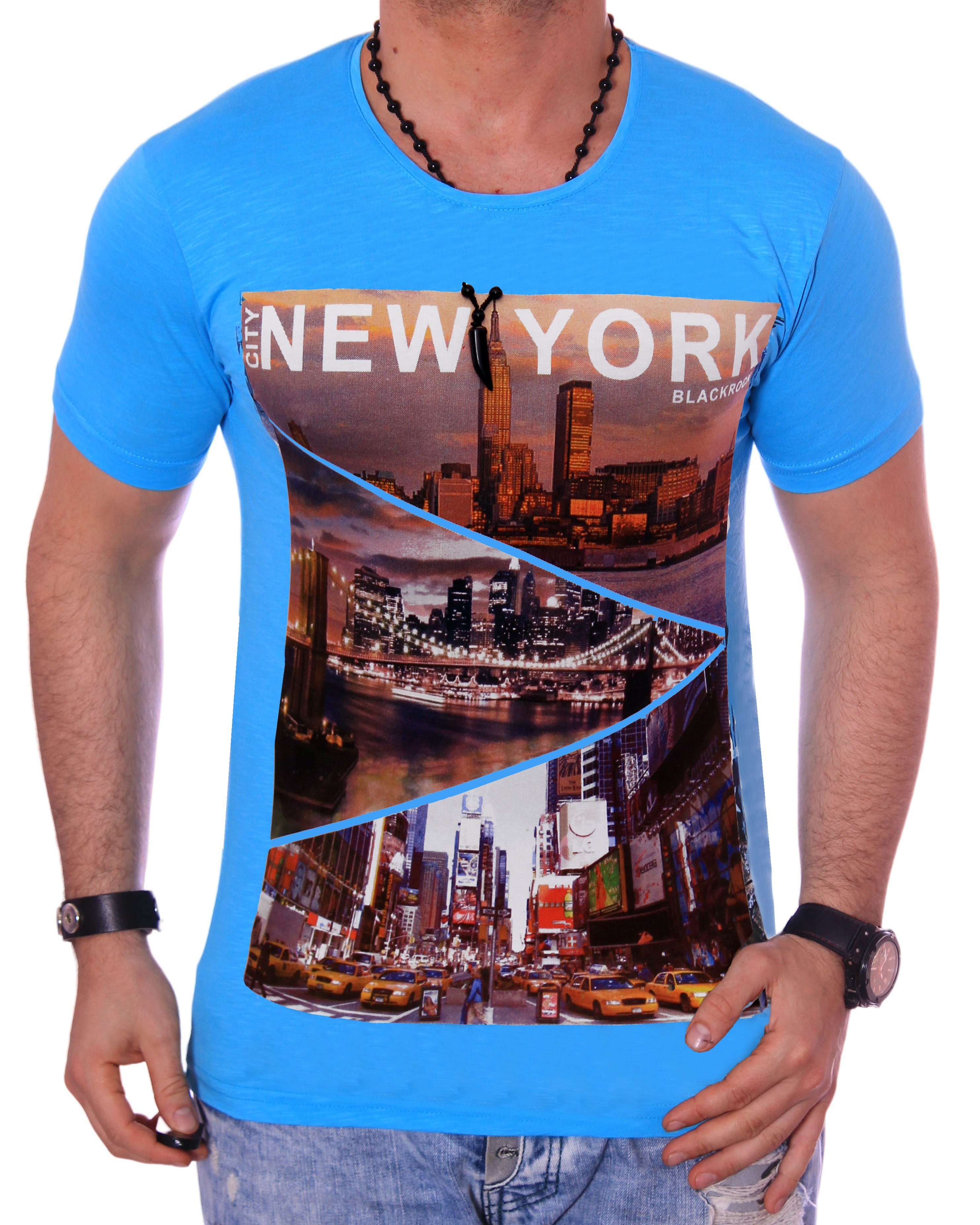 Print T-Shirt Slim-Fit Türkis Herren bedruckt New Amerika T-Shirt kurzarm Rundhals Shirt BLACKROCK York USA Urlaub