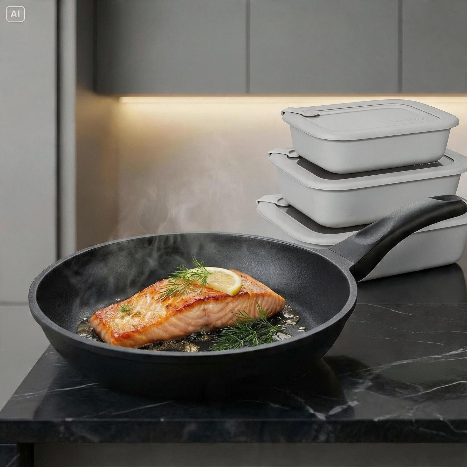Mulex Bratpfanne TOMALIN Premium 26 cm inklusive LUND Meal Cubes – aus gehärtetem Glas, Pfanne Aluguss (Premium Qualität // 7tlg, 7-tlg., Tomalinbeschichtung // Meal Cube aus gehärtetem Glas), Induktionsgeeignet