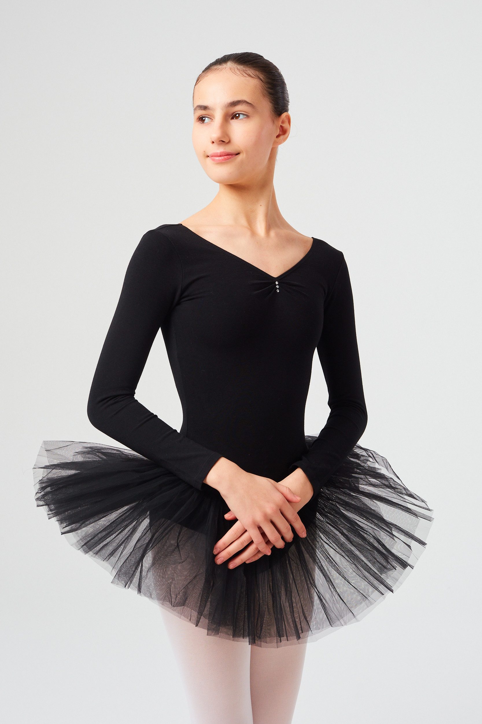 tanzmuster Tüllkleid Ballett Tutu Romy mit Glitzersteinen Langarm Ballettkleid aus weicher Baumwolle mit Tüllrock für Mädchen