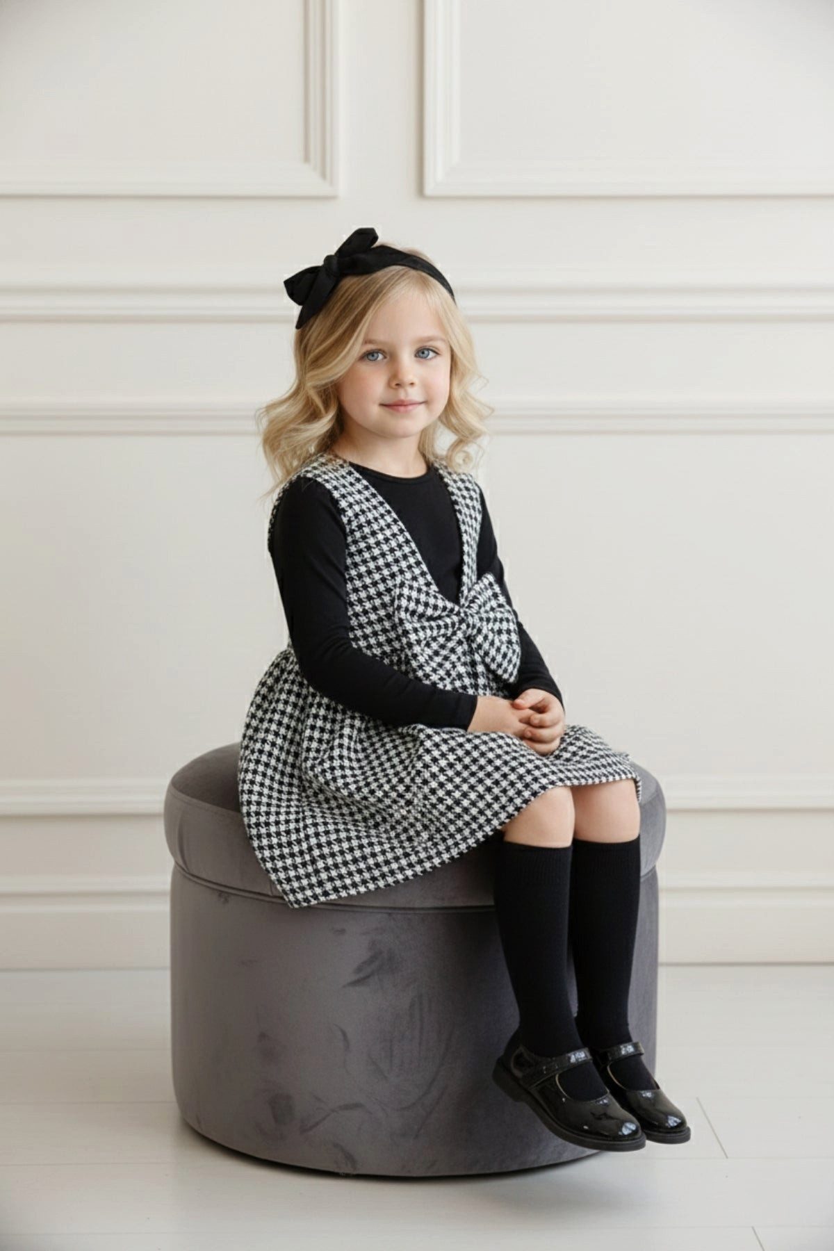Parla Kids Kleid & Haarband Kleid mit Hahnentritt Muster und Schleife dazu passendes Haarband
