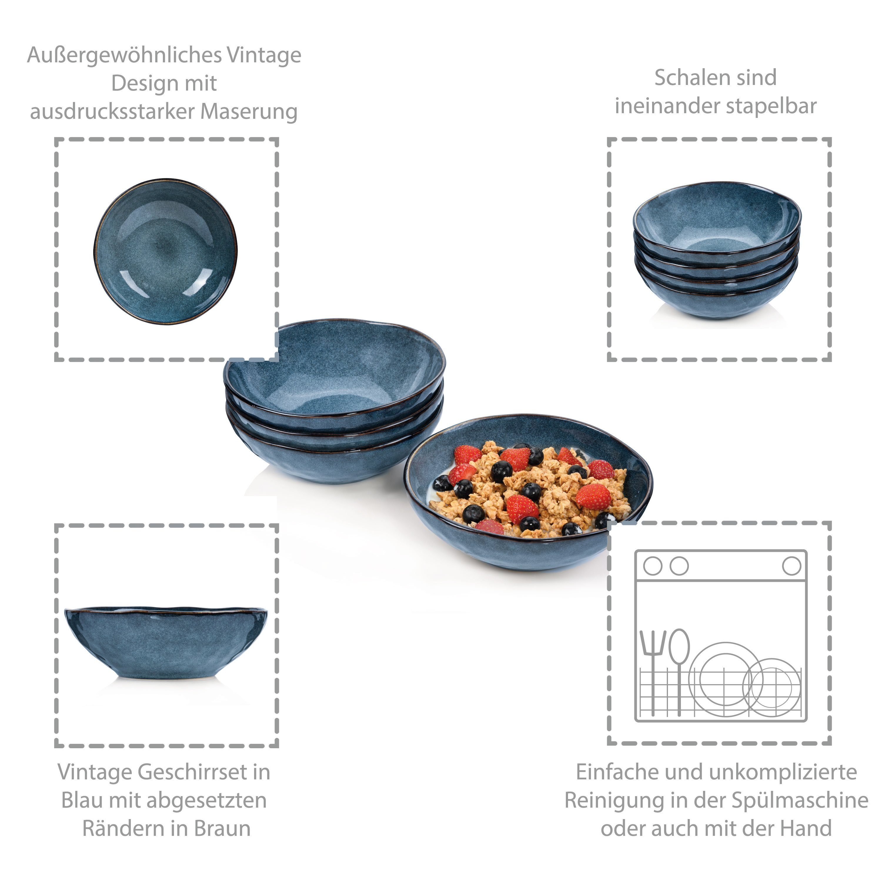 SÄNGER Schale Darwin, Blau, Steingut, (Set, 4-tlg), spülmaschinenfest, Handmade, Premium Collection