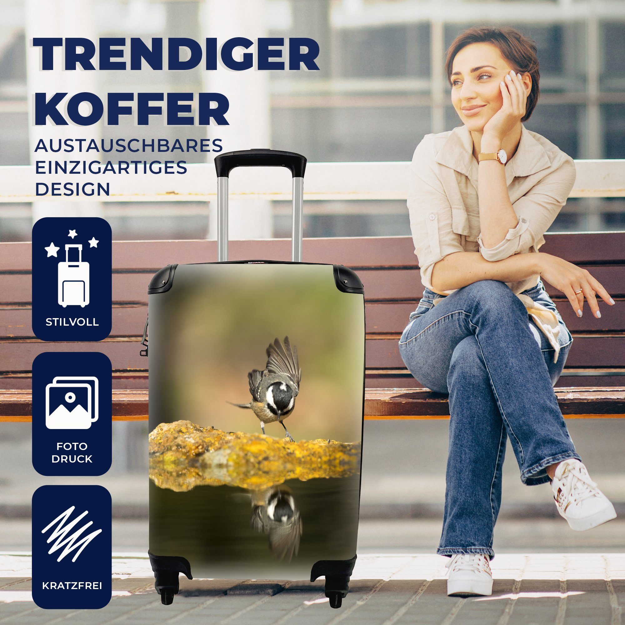 MuchoWow Handgepäckkoffer Eine Rollen, für 4 Trolley, Handgepäck Ferien, rollen, Wasser, Reisekoffer Reisetasche Kohlmeise am mit