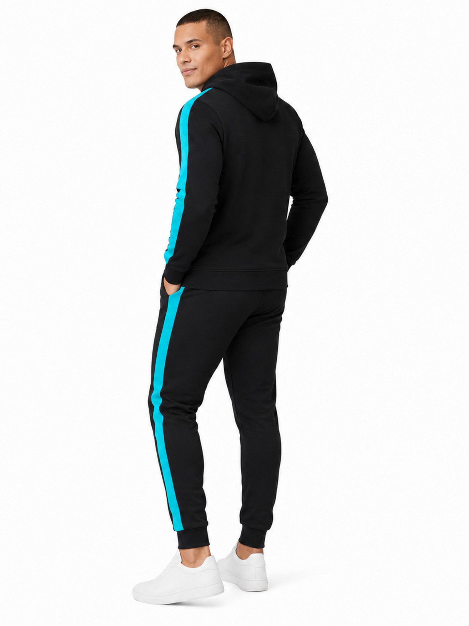 L.gonline Freizeitanzug Herren Jogginganzug zweifarbig sportlich mit Streifen, 526 (Kapuzenjacke mit Reißverschluss, Hose, 2-tlg), Fitness Freizeit Casual – Bild 2 von 5