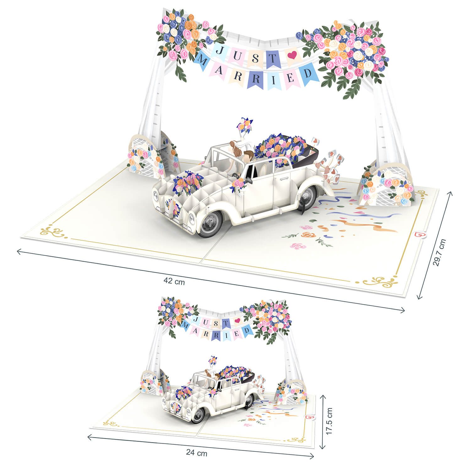 papercrush Hochzeitskarte XXL Hochzeitsauto mit Girlande Pop-Up Karte, DIN A4 Format, Lasergeschnitten, Handgemacht