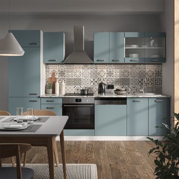 Livinity® Küchenzeile R-Line, Blau-Grau/Weiß, 300 cm, AP Anthrazit