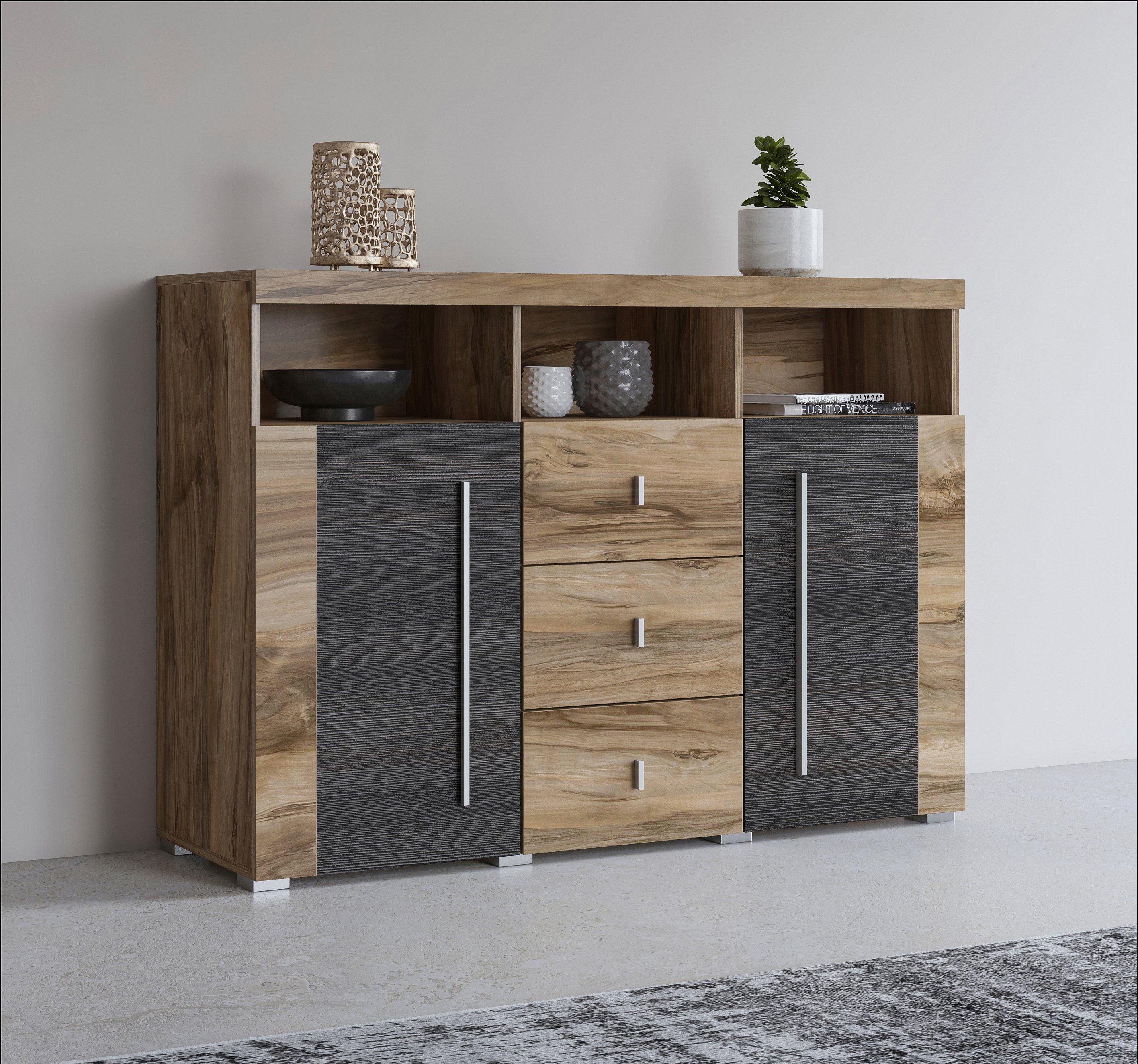 Helvetia Sideboard Roger,Breite 132cm, stilvolle Schrank, 2 Holztüren 3 Schubladen, Kommode mit viel Stauraum, Einlegeböden verstellbar