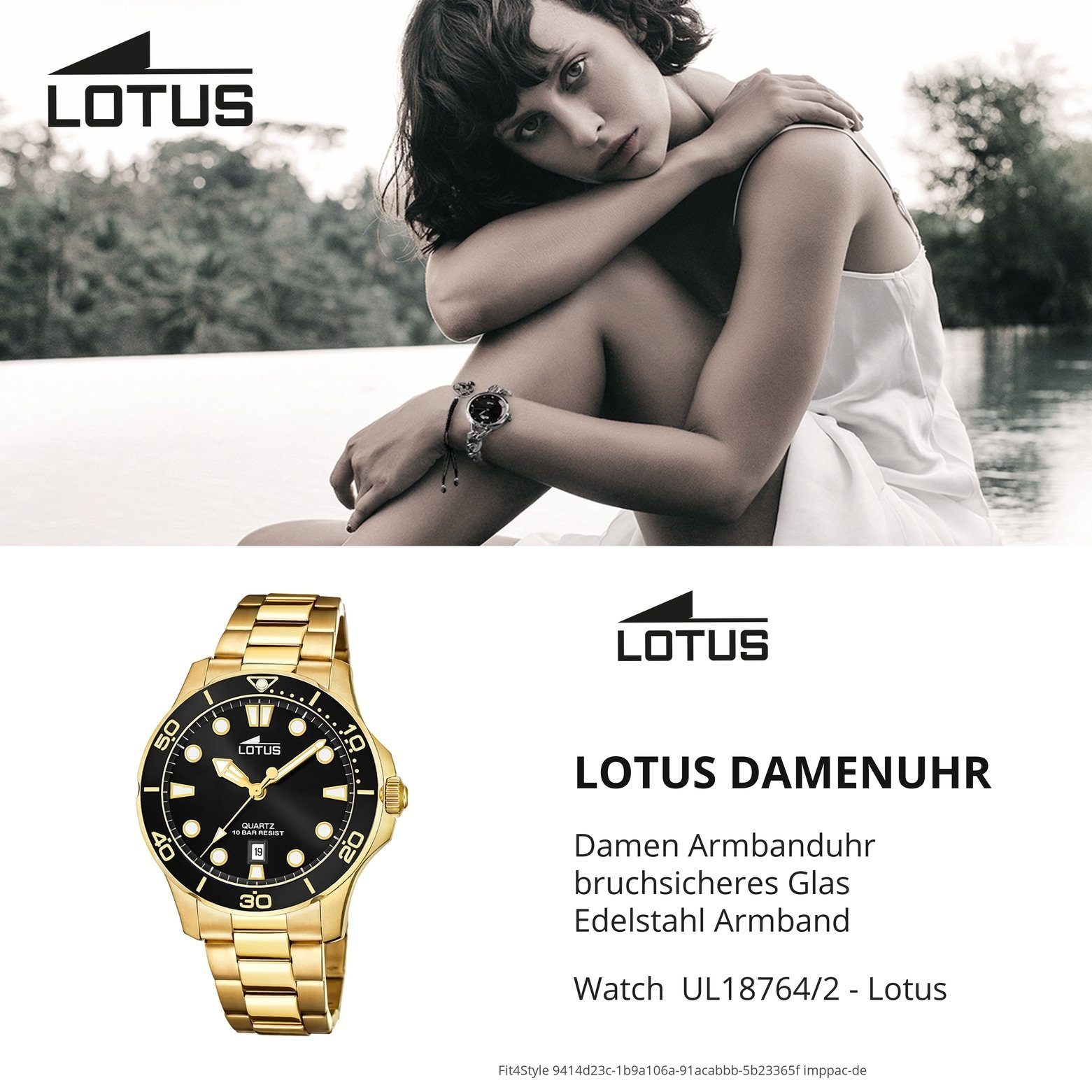 Lotus mittel rund, 39mm) Damenuhr Sport Armbanduhr Damen 18764/2, Edelstahlarmband Lotus (ca. gold Quarzuhr