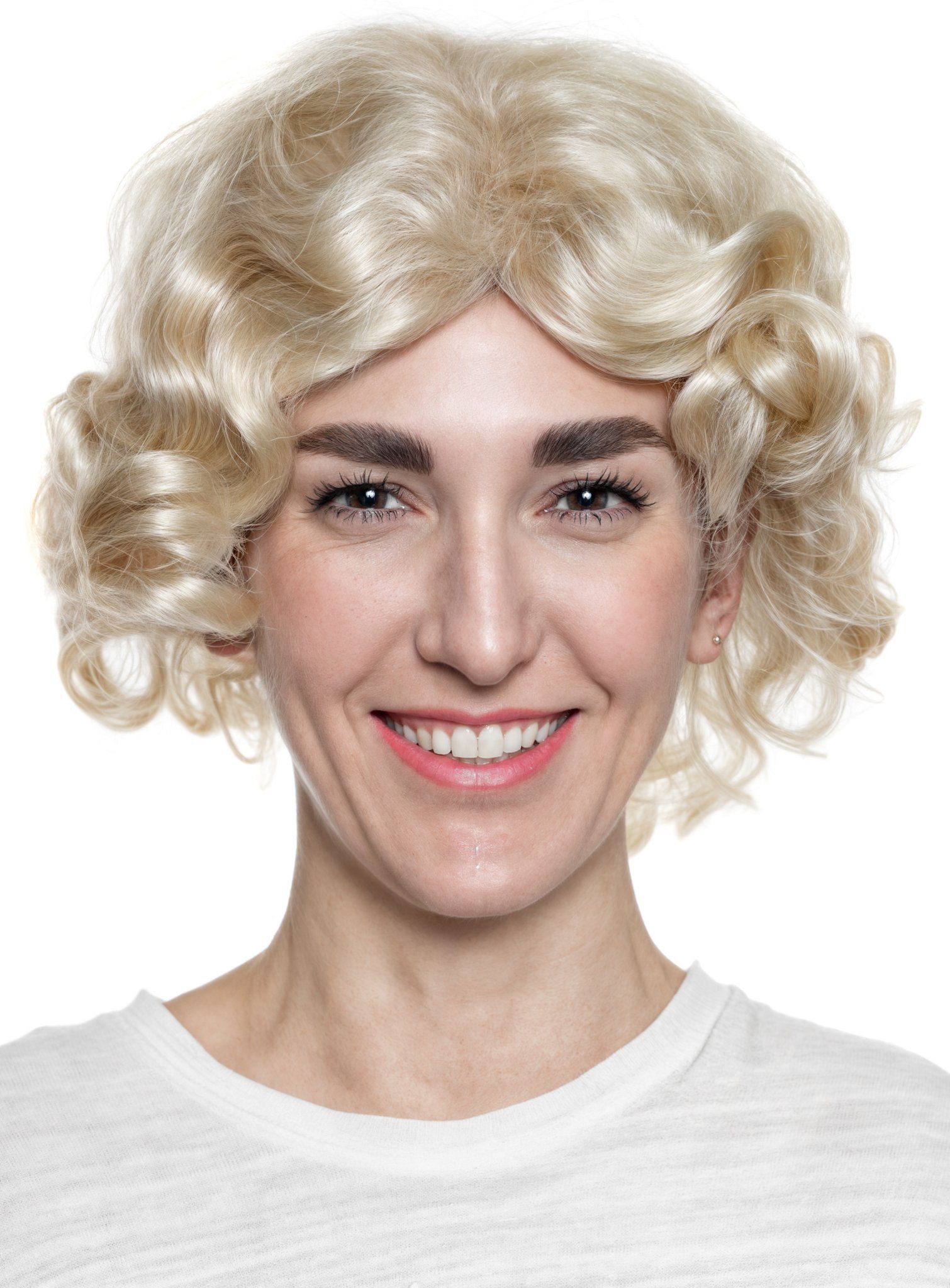 Metamorph Kostüm-Perücke 50er Jahre Lockenperücke kurz blond, Kurzhaarschnitt mit blonden Locke und Mittelscheitel