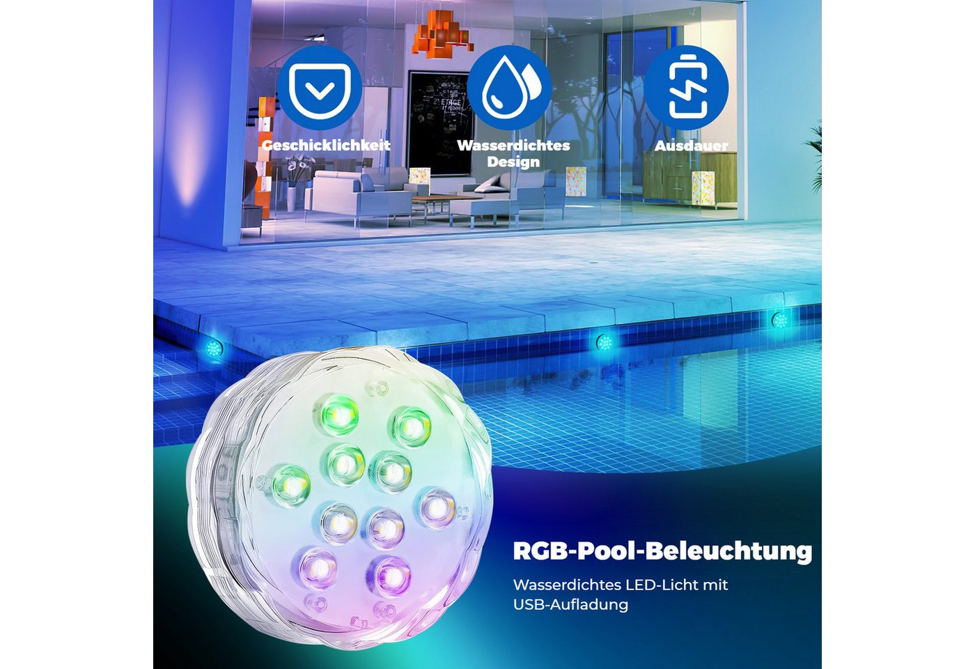 Thumbnail - BlingBin Pool-Lampe Unterwasser LED Licht mit Fernbedienung, RGB LED Poolbeleuchtung, IP68 Wasserdichtes Design, LED fes...