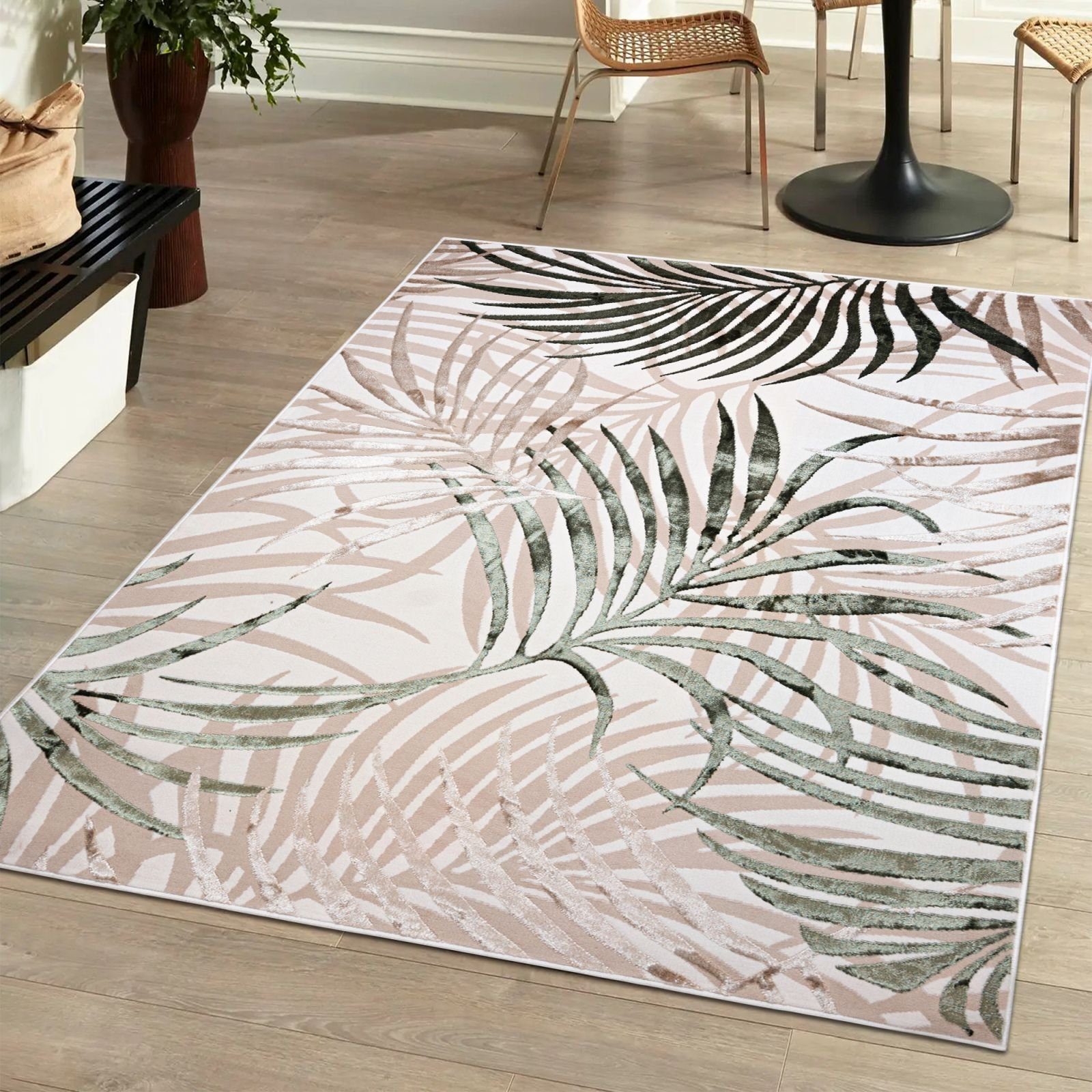 Designteppich Modern Teppich für Wohnzimmer- Beige Creme mit Gold, Mazovia, 80 x 150 cm, Glänzende, Palmenzweige Feder, Modern, Höhe 10 mm, Kurzflor - niedrige Florhöhe, Weich, Pflegeleicht