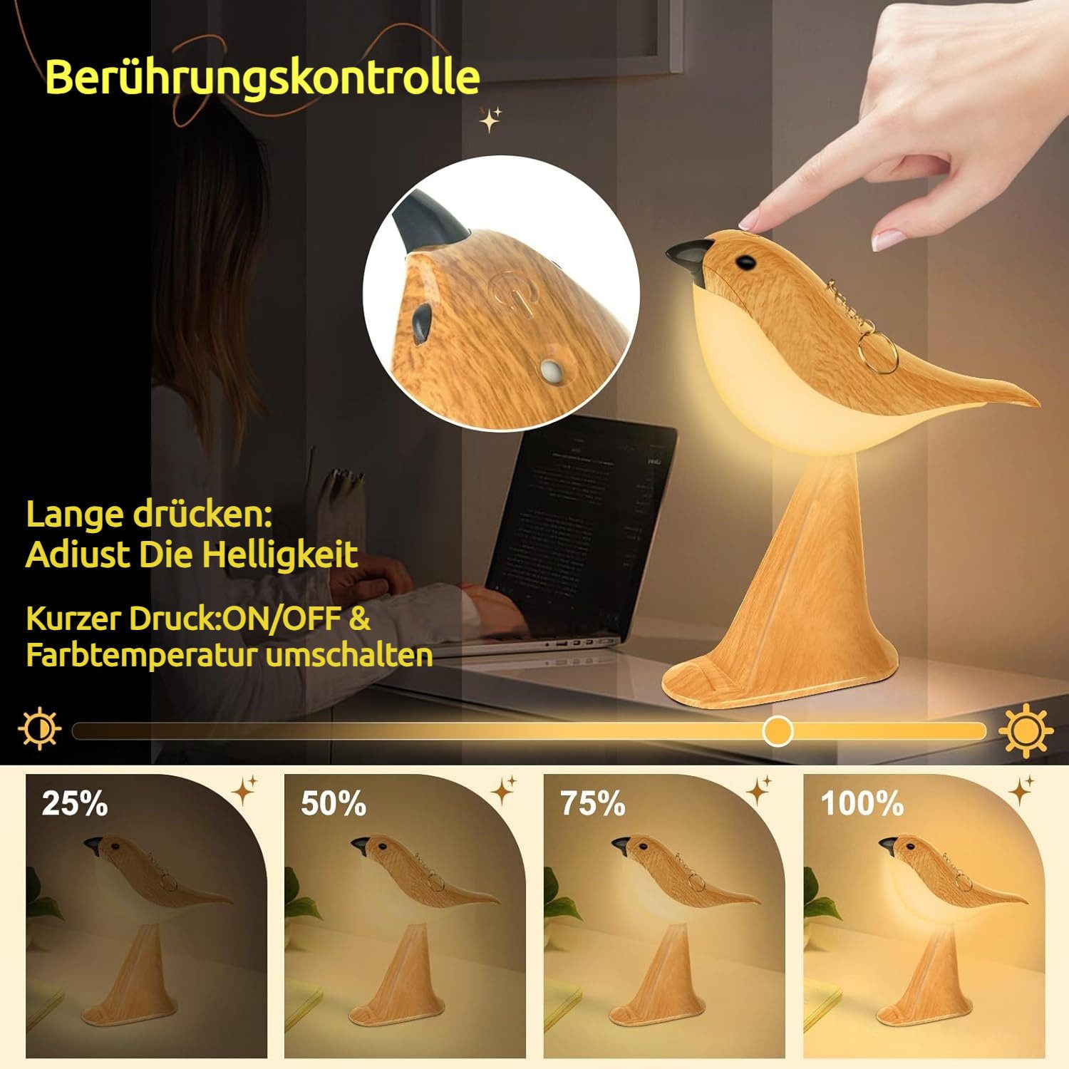 QUBEBU LED Nachttischlampe Nachtlicht Kabellos Tischlampe Vogel Diffuser Touch Dimmbare Aufladbar, Dimmbar & Timer, LED fest integriert, mit Fernbedienung, 2600mAh, Kaltweiß & Warmweiß & Neutralweiß, Nachtlicht für Kinder Erwachsene, kreative Geschenke für Männer Frauen