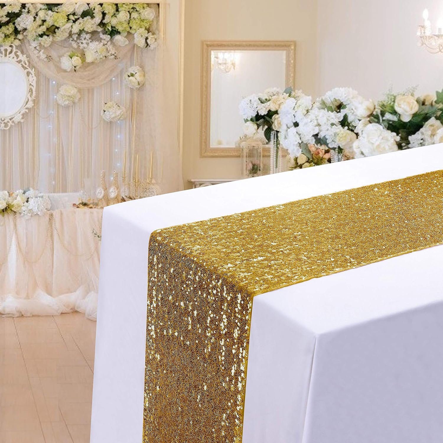 FELIXLEO Tischläufer für 220cm Hochzeit Dekoration Pailletten Gold Party 30 * Tischläufer