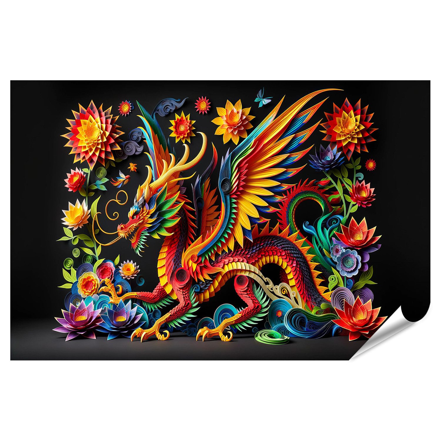 Poster Bunter Papierkunst-Drache mit Blumen auf Schwarz