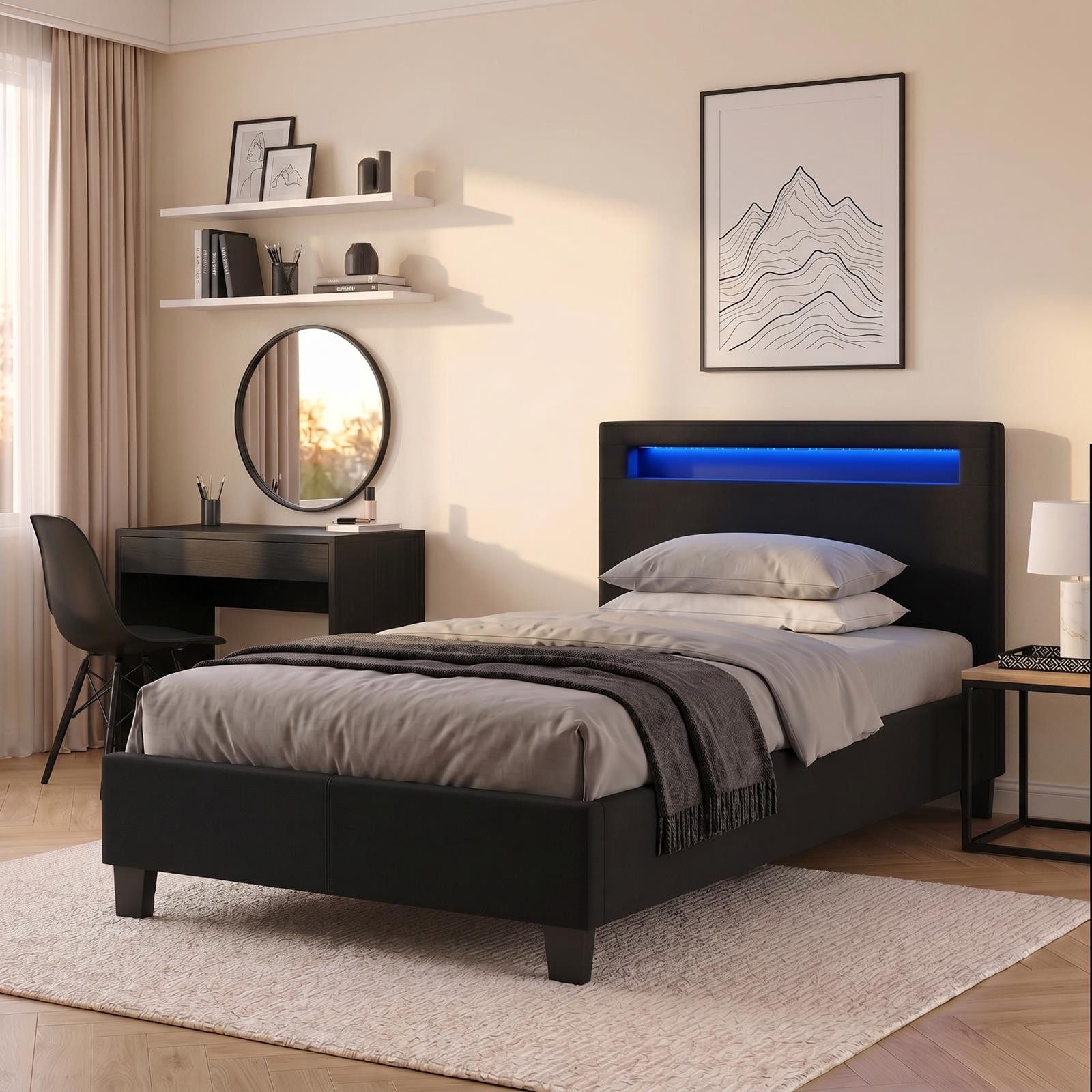 CARO-Möbel Polsterbett HIMALAYA, Polsterbett Einzelbett Jugendbett Bettgestell mit LED 90 x 200 cm