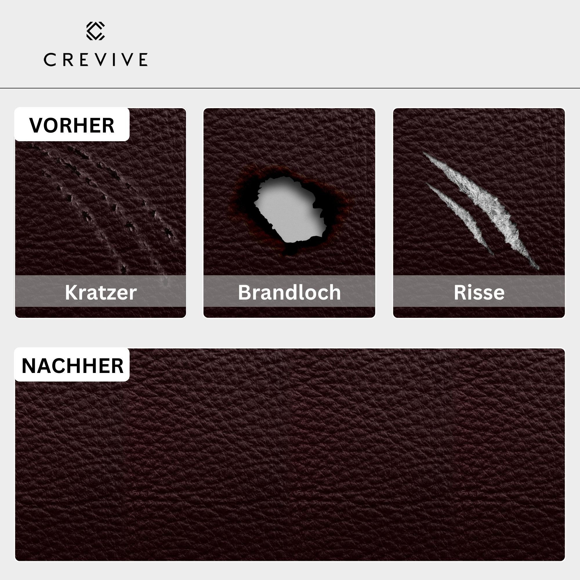CREVIVE Flüssigleder 50 ml + Lederreiniger 250 ml Lederpflegeset (SPARSET 7-teilig, Lederreparatur, sehr ergiebig), Leder Reparatur Set, Kunstleder Reparaturset, für Sofa, Couch, Auto