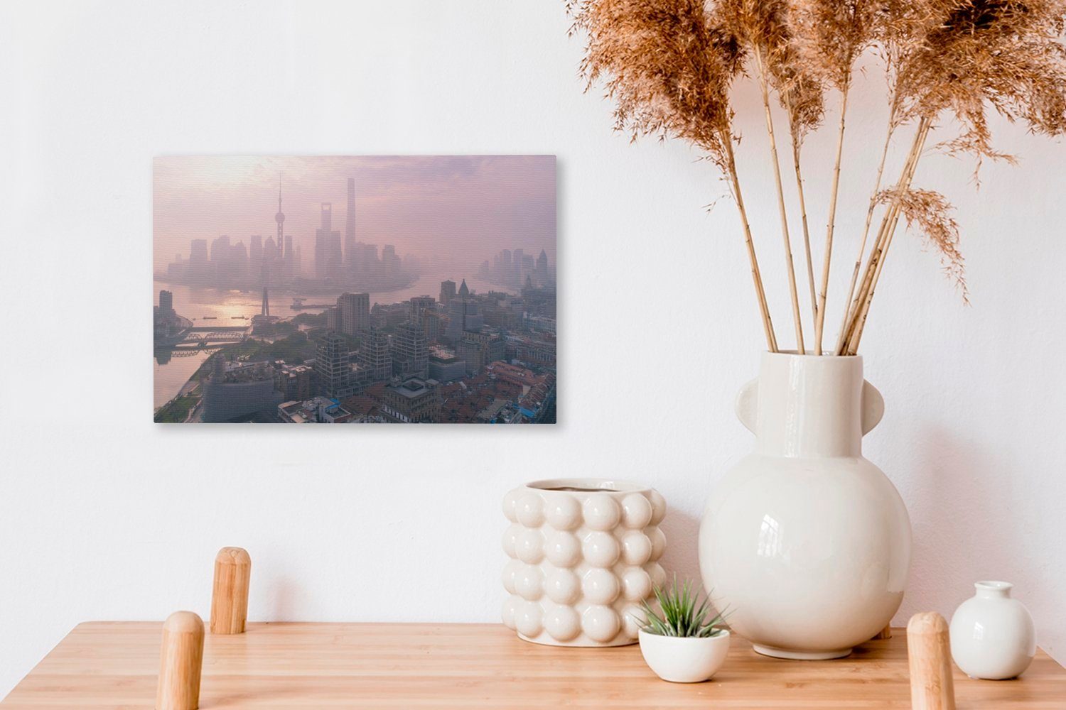 Shanghai Wanddeko, cm Leinwandbild 30x20 OneMillionCanvasses® Aufhängefertig, in China, Sonnenaufgang Bund und Leinwandbilder, St), (1 Der Wandbild dem über