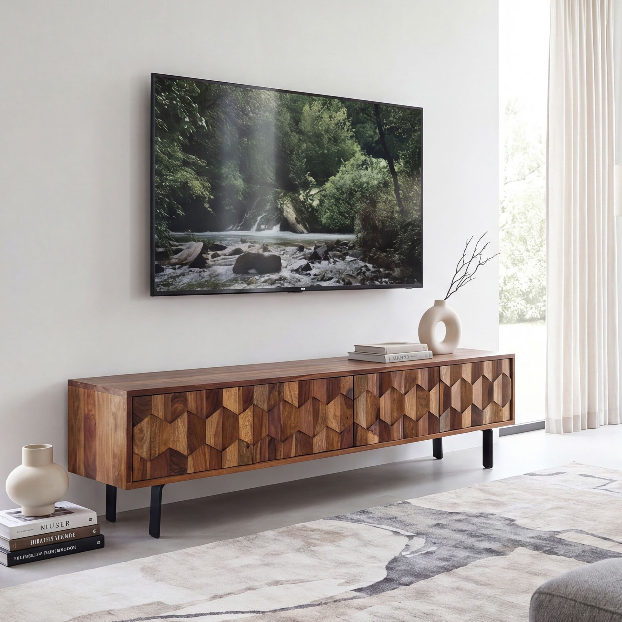 furnicato Lowboard Massivholz Walnuss Finish 160x40x35 cm Hellbraun (1 St), TV-Board mit 3D-Fronten, Kabeldurchlass und Push-to-open Funktion