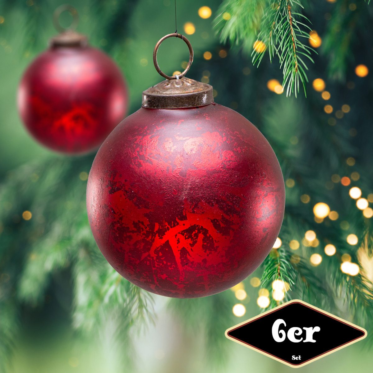 Antikas Weihnachtsfigur Christbaumkugelset, Rund, 6er Set, Glas, Rot, H8,5x günstig online kaufen