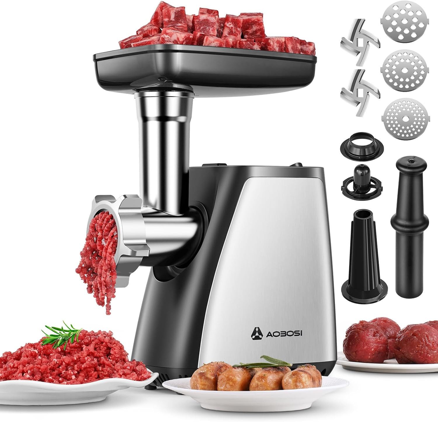 Aobosi Fleischwolf FW-1 3in1 Edelstahl Wurstfüller Kubbe Rückwärtsfunktion, 300 W, 1,5 kg/min, Überlastungsschutz, spülmaschinengeeignete Teile