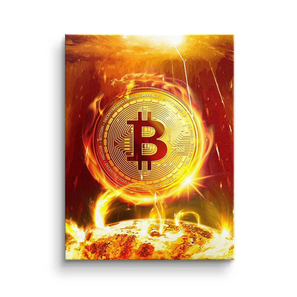 DOTCOMCANVAS® Leinwandbild Bitcoin on Fire, Premium Leinwandbild - Crypto - Bitcoin on Fire - Trading - Motivatio ohne Rahmen