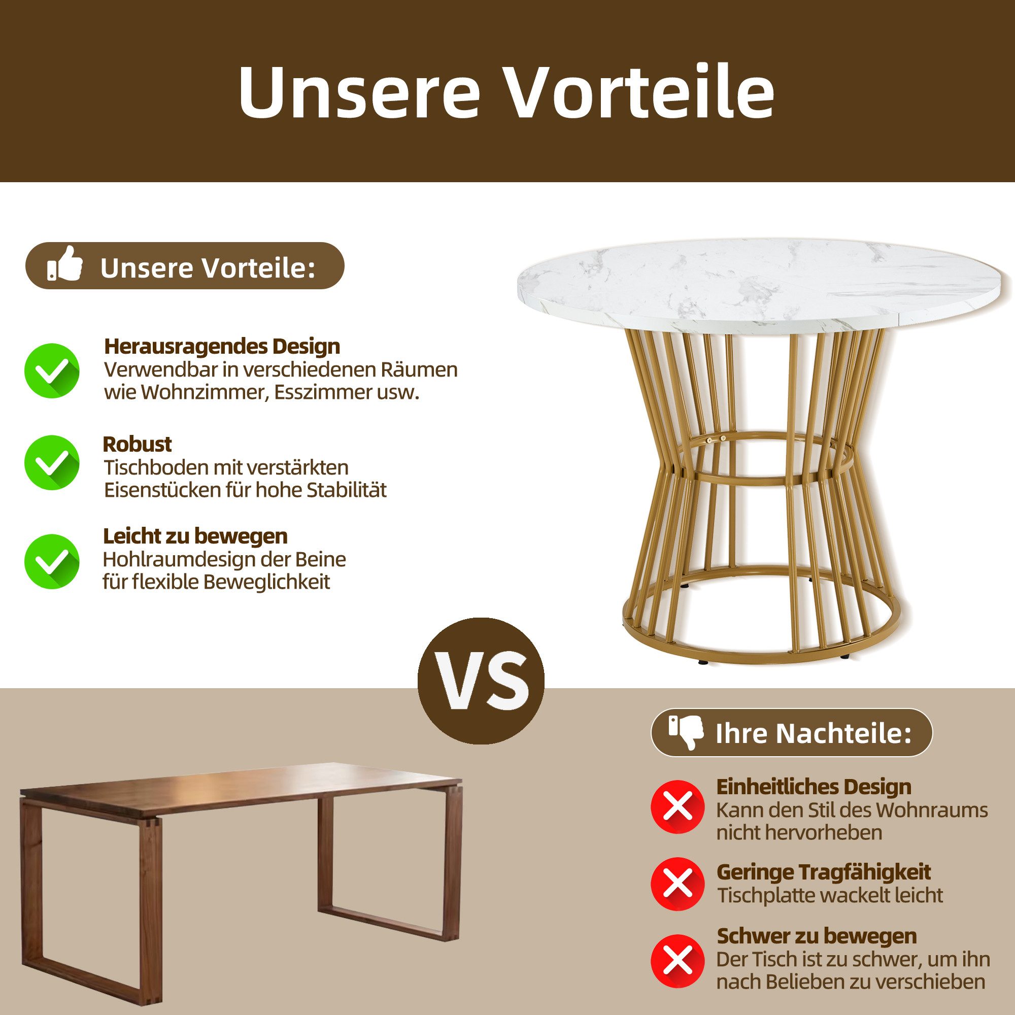 KLAM HOME Esstisch Weiß mit metallbein (1 stück), küchentisch, stabiler metallrahmen (moderne marmor - Oder esstische, frühstückstisch), geeignet für Esszimmer, – Bild 5 von 5