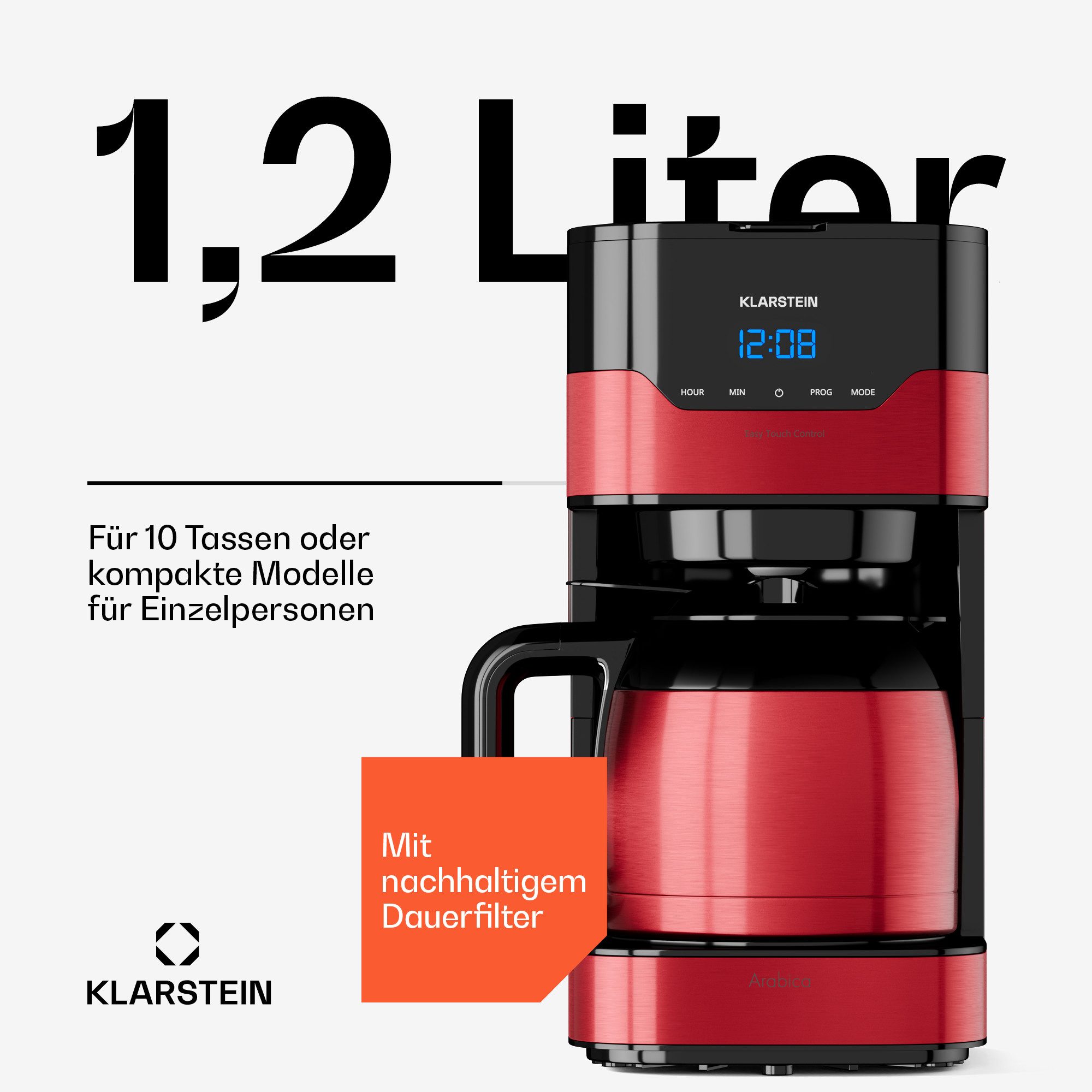Klarstein Filterkaffeemaschine 10035588, 1.2l Kaffeekanne, Leichte Bedienung: EasyTouch Control Bedienoberfläche und LC-Display