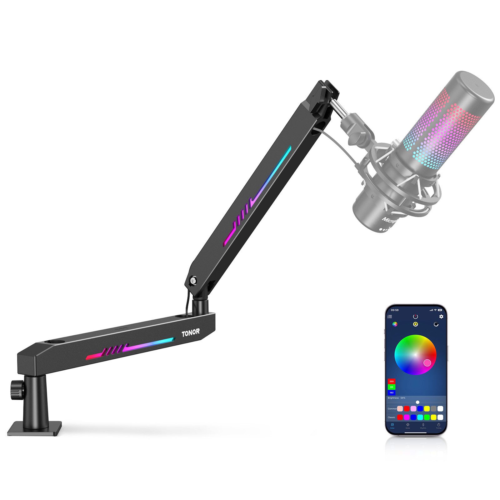 TONOR Schwenkarm Low Profile Mikrofonarm mit einstellbar RGB-Lichteffekt