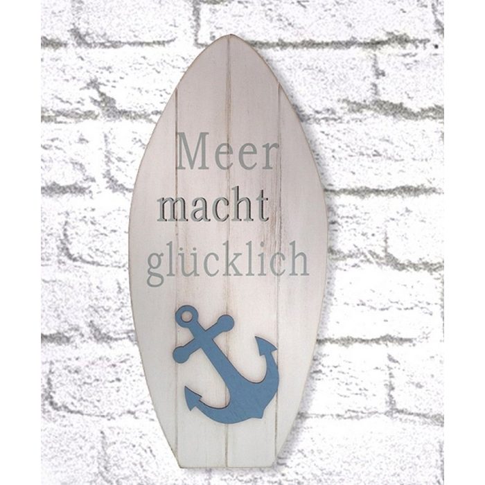 Linoows Holzbild Wandschild Schild wie Surfbrett 'Meer macht glücklich&#x60