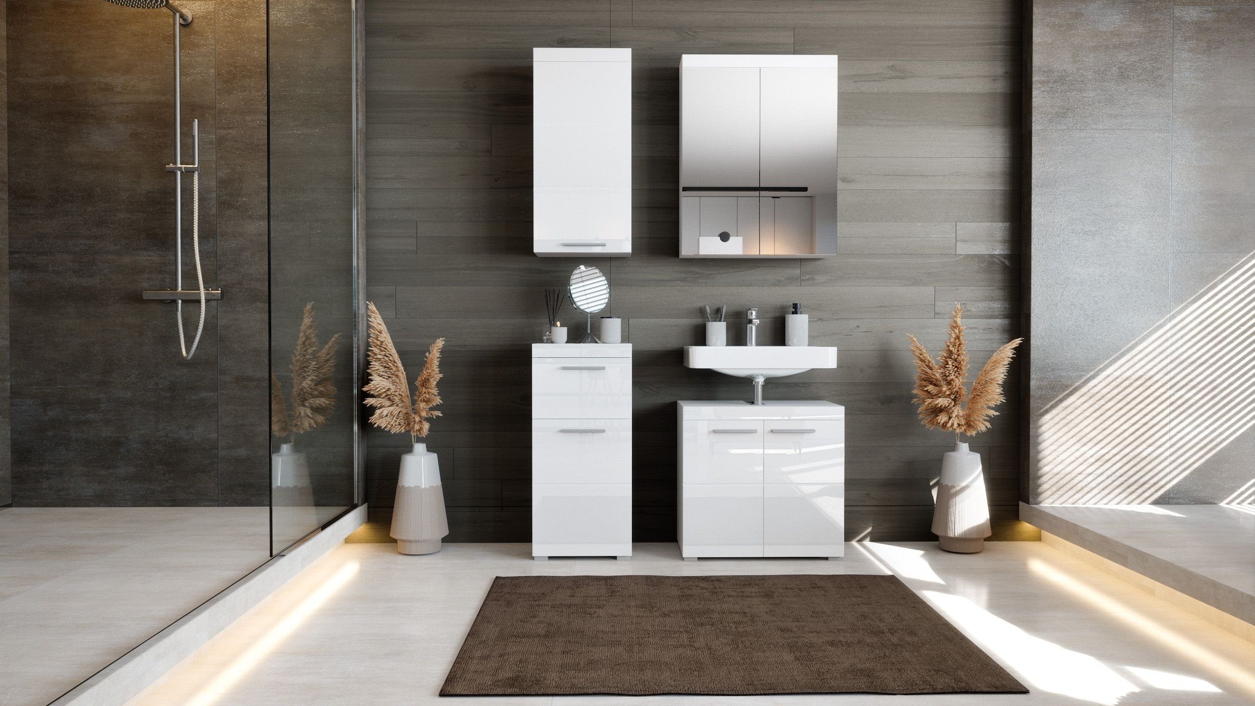 Newroom Kommode Weiß 37 cm, Weiß Hochglanz Kommode Badezimmer Schrank mit viel Stauraum Badezi...