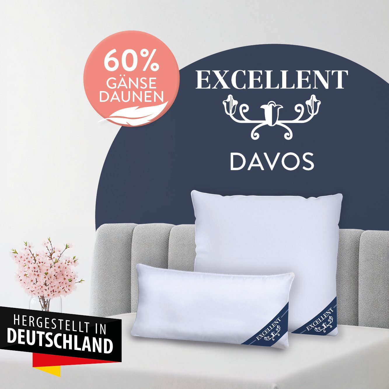 Excellent 3-Kammer-Kopfkissen Davos Dreikammerkissen in den Größen 40x80 und 80x80 cm erhältlich., Füllung: 60%Gänsedaunen, 40% Gänsefedern (Außenkammer), Bezug: 100% Baumwolle, hergestellt in Deutschland, allergikerfreundlich