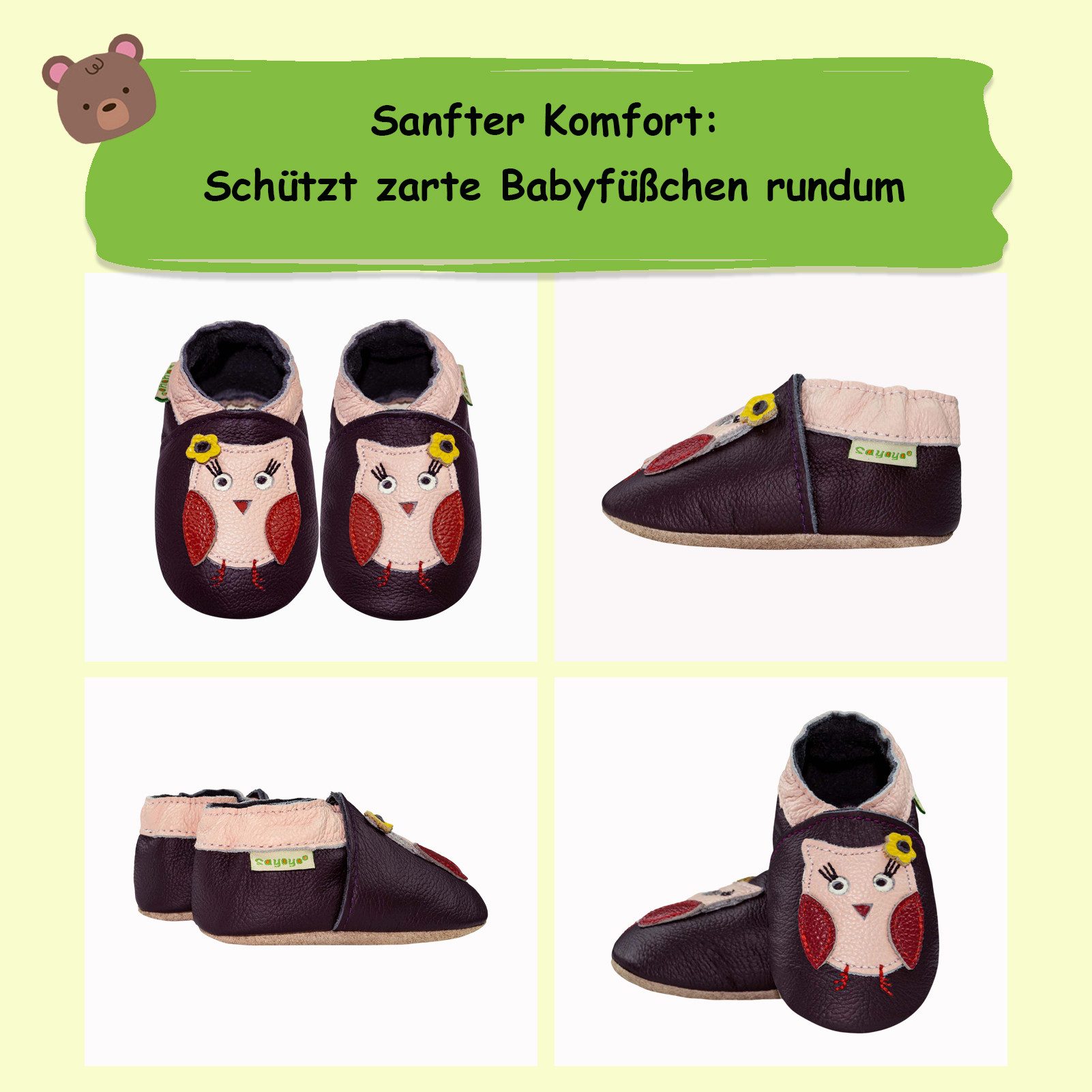 Sayoyo Weiche Leder Krabbelschuhe Rutschfest Hausschuhe Lederpuschen Eule Lauflernschuh (100% Leder)