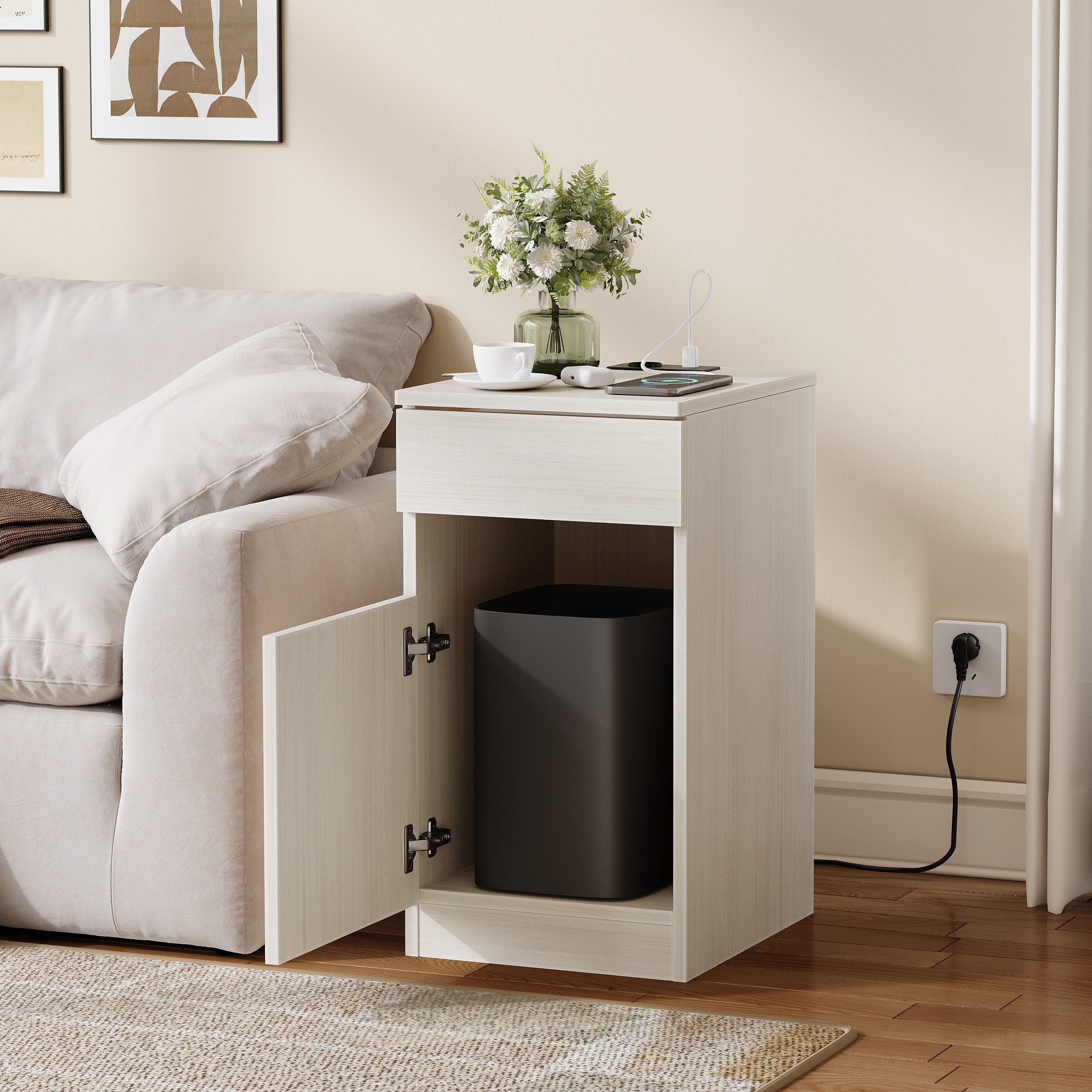 REDOM Nachttisch USB-Ports & Steckdose, mit Schublade, praktischer Stauraum (Packung, 1-St., 33x40x61,5 cm Nachtkonsole in Walnuss-Optik mit integriertem Mülleimer), Vielseitig als Nachttisch, Beistelltisch oder Kopfteilablage nutzbar