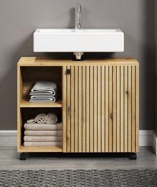 Furn.Design Waschbeckenunterschrank Bliss (Badschrank in Evoke Eiche mit schwarz, 4 Fächer, 80 cm) rollbar, Staboptik