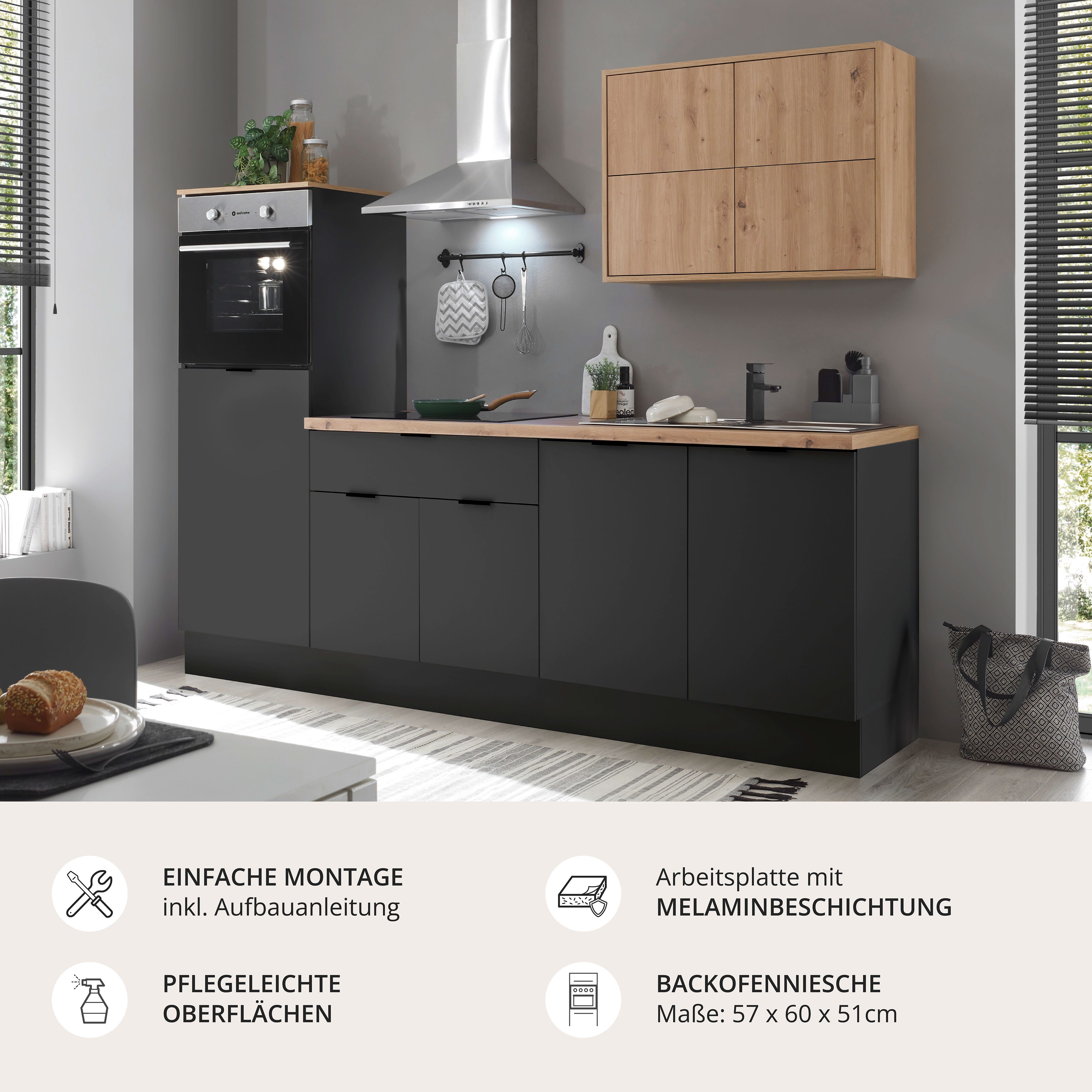Coin cuisine Kitchenette KS-Georgia, avec plan de travail de 38 mm d'épaisseur, largeur 250 cm, avec appareils électroménagers et réfrigérateur en option