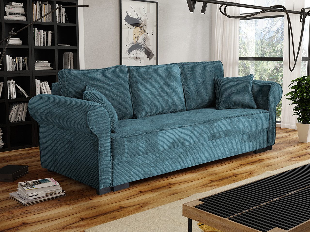 MIRJAN24 Schlafsofa Olimpia Cord, mit Schlaffunktion und Bettkasten, Freistehendes Sofa, 3 Sitzer, Kissen Set