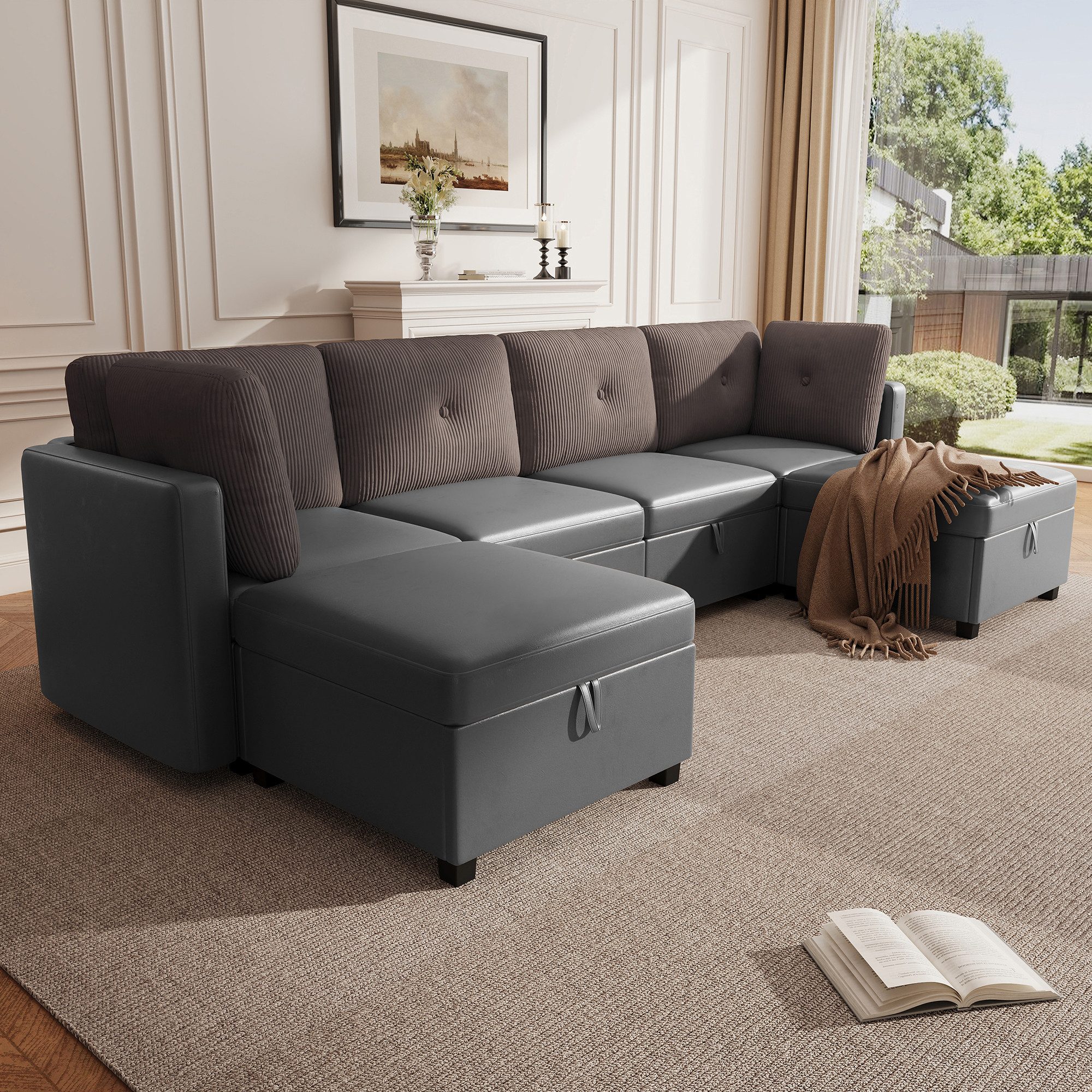 Merax Ecksofa Modulares U-Sofa 6-Sitzer-Sofa mit Stauraum, Samt & Cord Design, 261 x 132,5 x 85 cm 1 Teile, U-Form/L-Form Sofa Liegebett Sessel Ecksofa mit hoher Polsterung